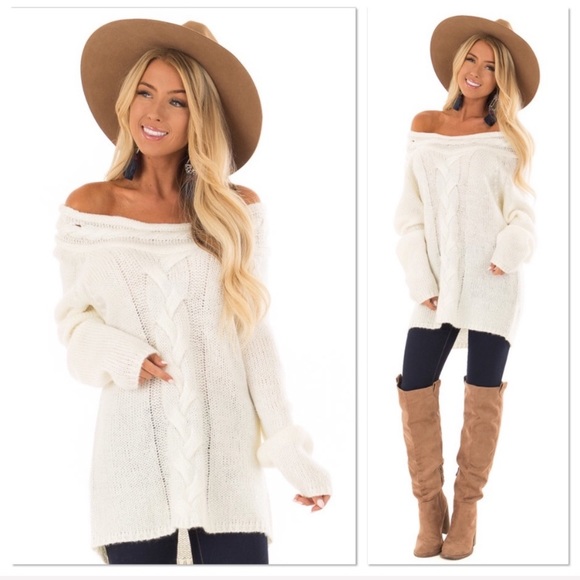 Lavender Moon Sweaters - Cream Cable Knit Off The Shoulder Sweater